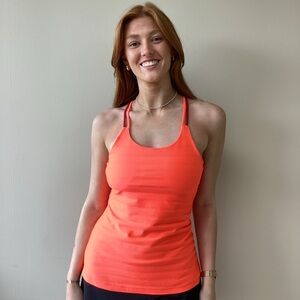 Adidas Neon Orange/Red Tank Top With Criss-Cross Straps & Adjustable Shelf Bra